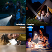 A collage of four images showing people using the flashlight for night hiking, camping, searching, and reading with children.
