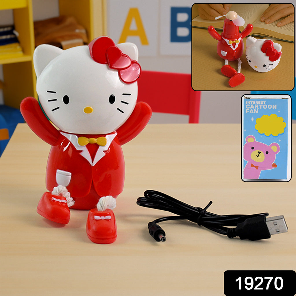 Cute kitty kids mini table fan in a red suit on a study desk.