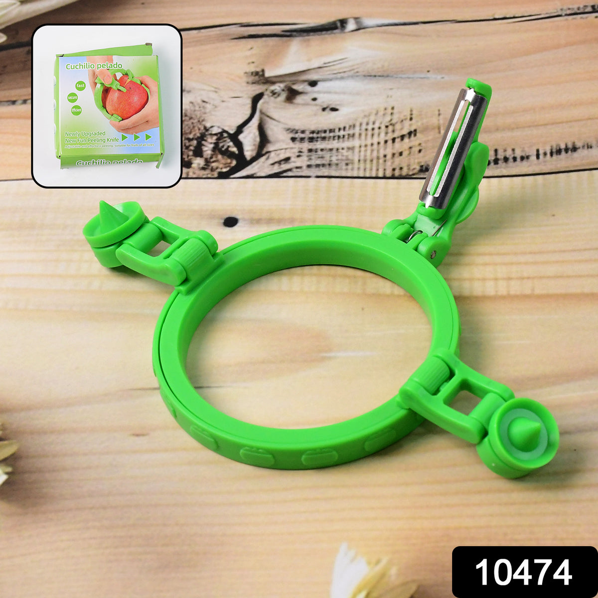 Person using an adjustable apple peeler with a holder ring to peel a red apple