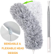 A grey microfibre duster with an extendable handle, showing its flexible head bending at an angle with an inset