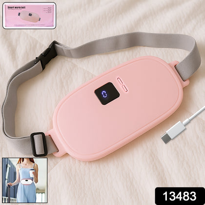 Woman wearing USB rechargeable heating belt for waist pain relief.