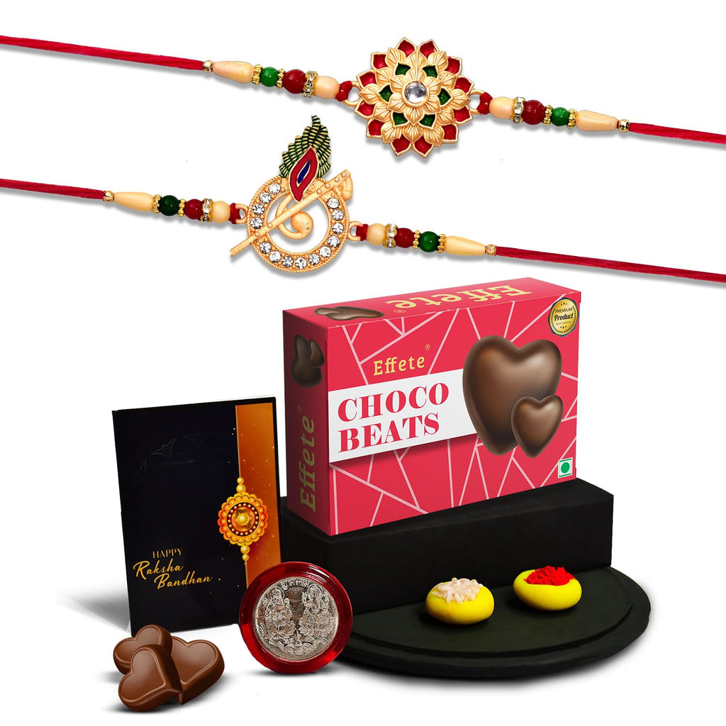 Assorted premium chocolates and elegant designer rakhis from the Rakhi Gift Pack.
