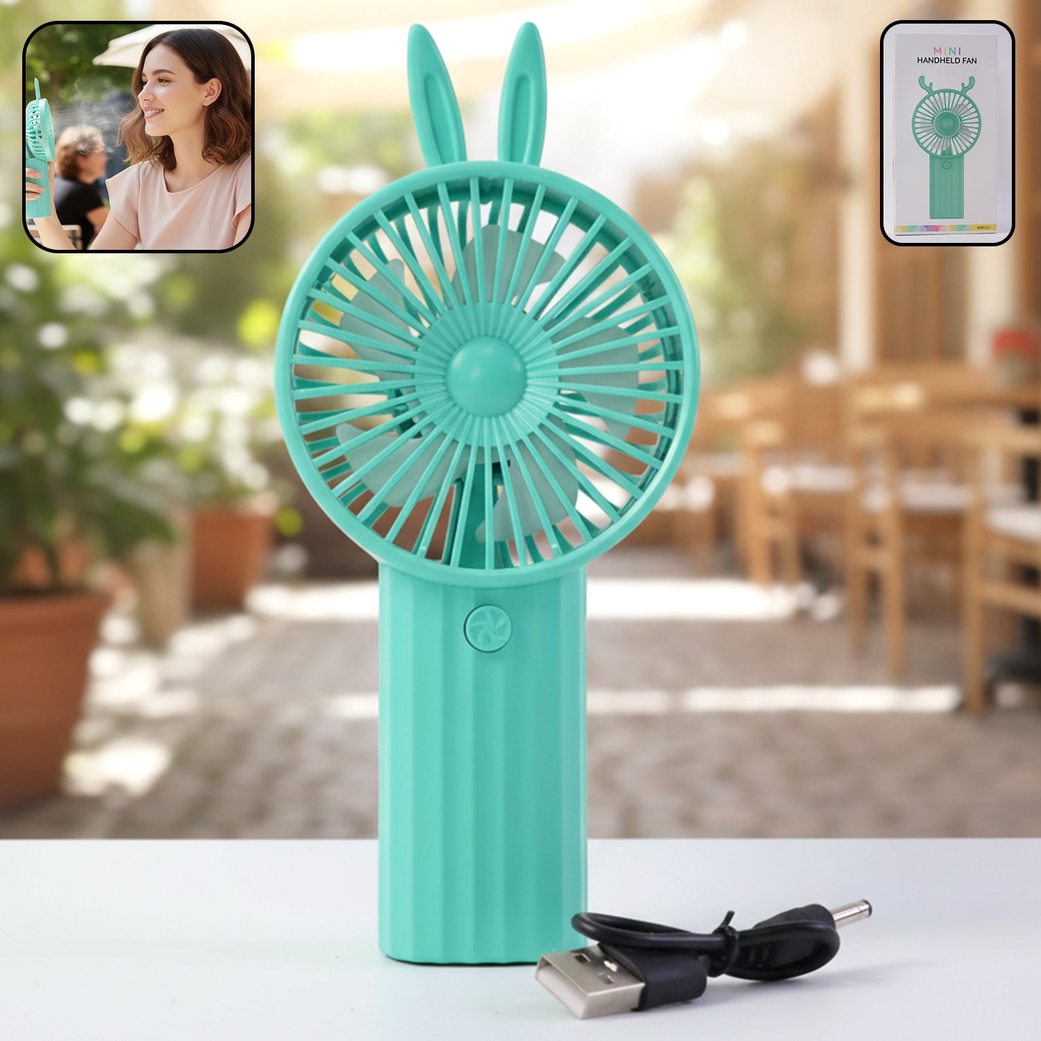Side view of bunny ear portable USB rechargeable handheld fan