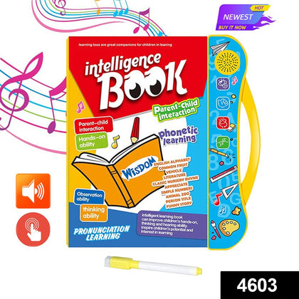 Child's musical learning book open with a touch pen, displaying numbers & letters
