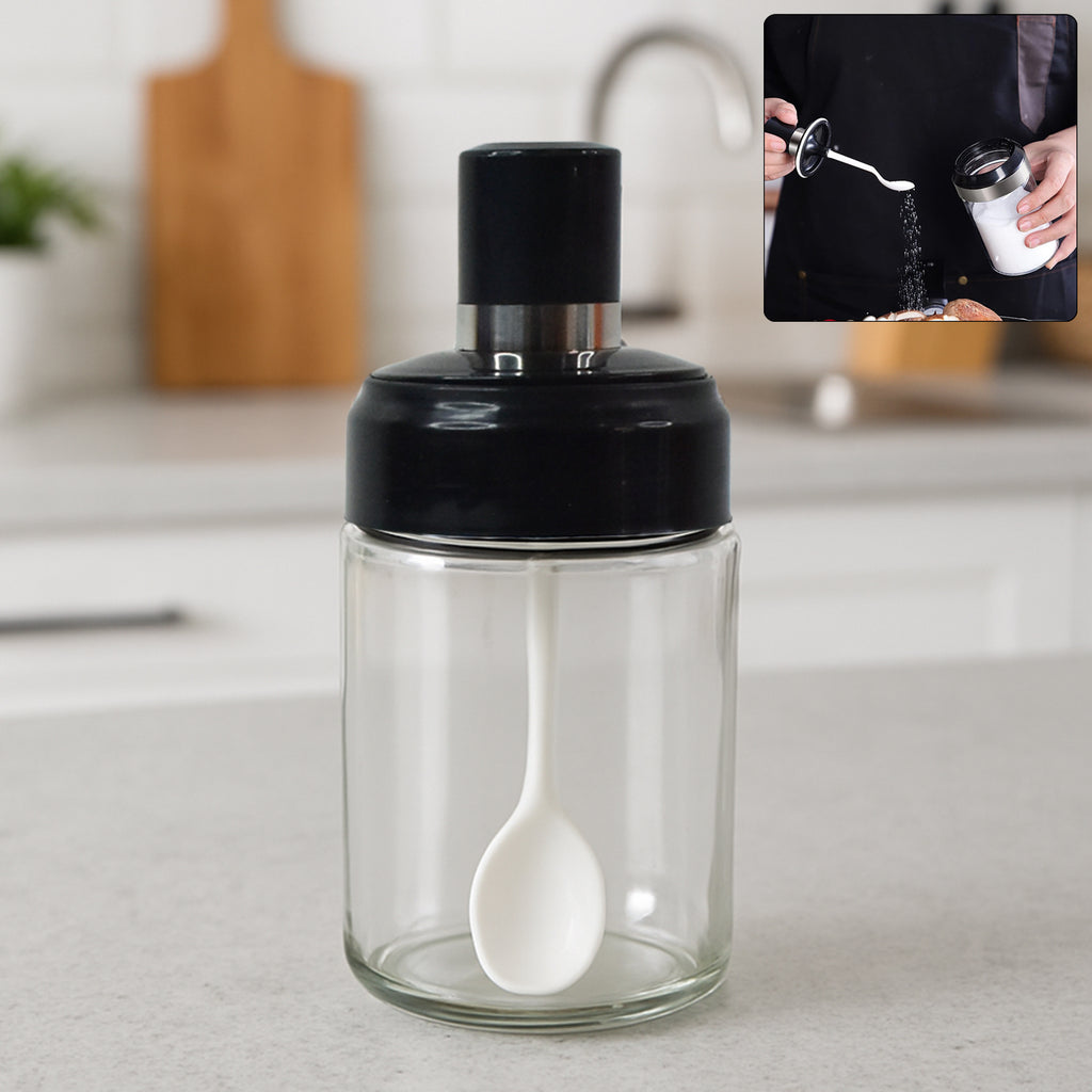 Close-up of built-in spoon in 250ml transparent glass jar