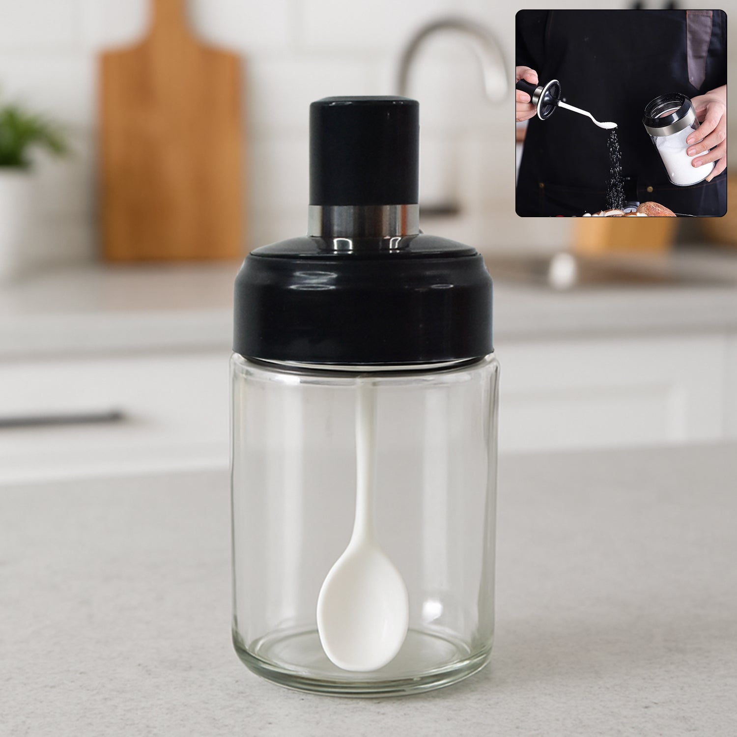 Close-up of built-in spoon in 250ml transparent glass jar