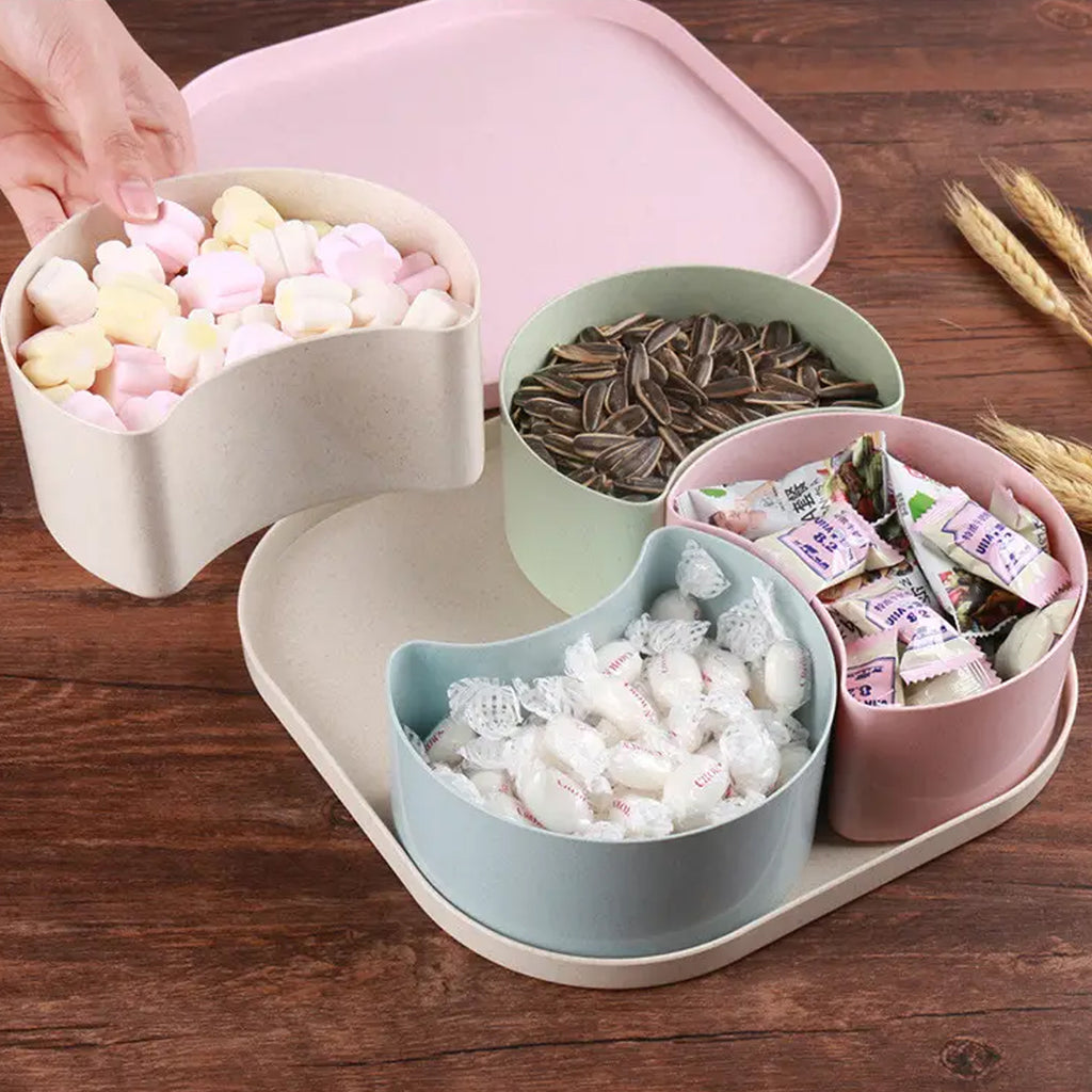 Side view of the rotating divided snack box