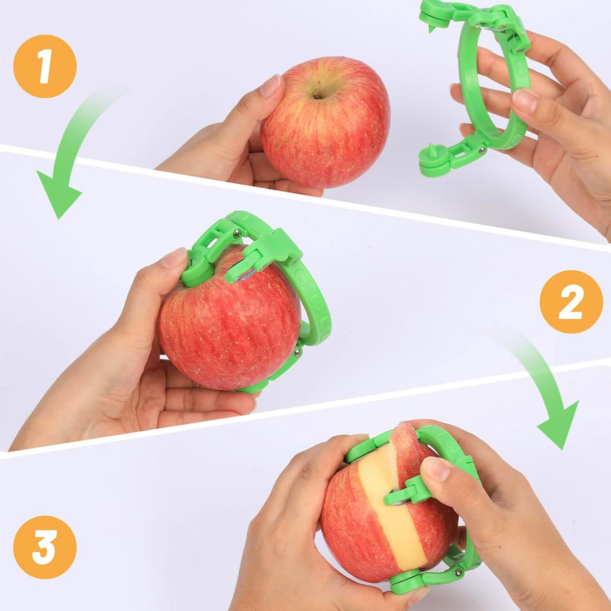 Hand holding the ergonomic adjustable apple peeler, ready for use