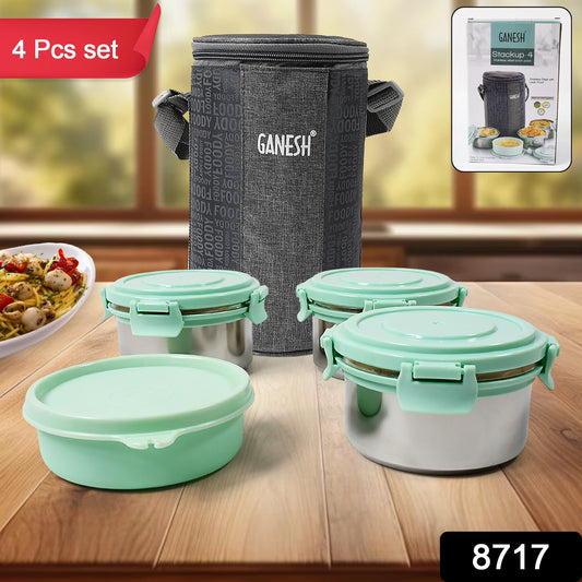 4-in-1 Lunch Box Set – 3 Steel Containers + Salad Box with Zip Bag, Leak-Proof & Microwave Safe