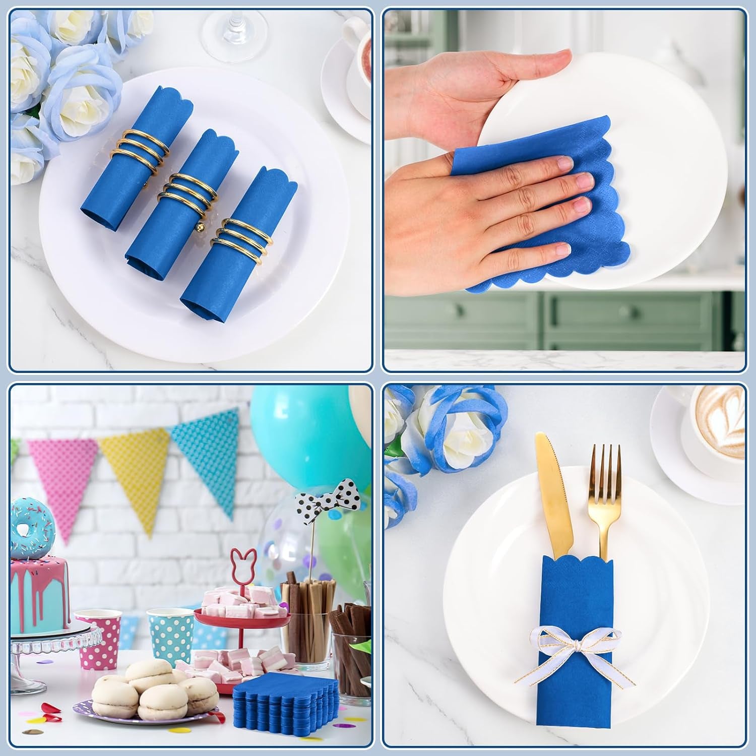 Pack of 120 royal blue scalloped disposable paper napkins