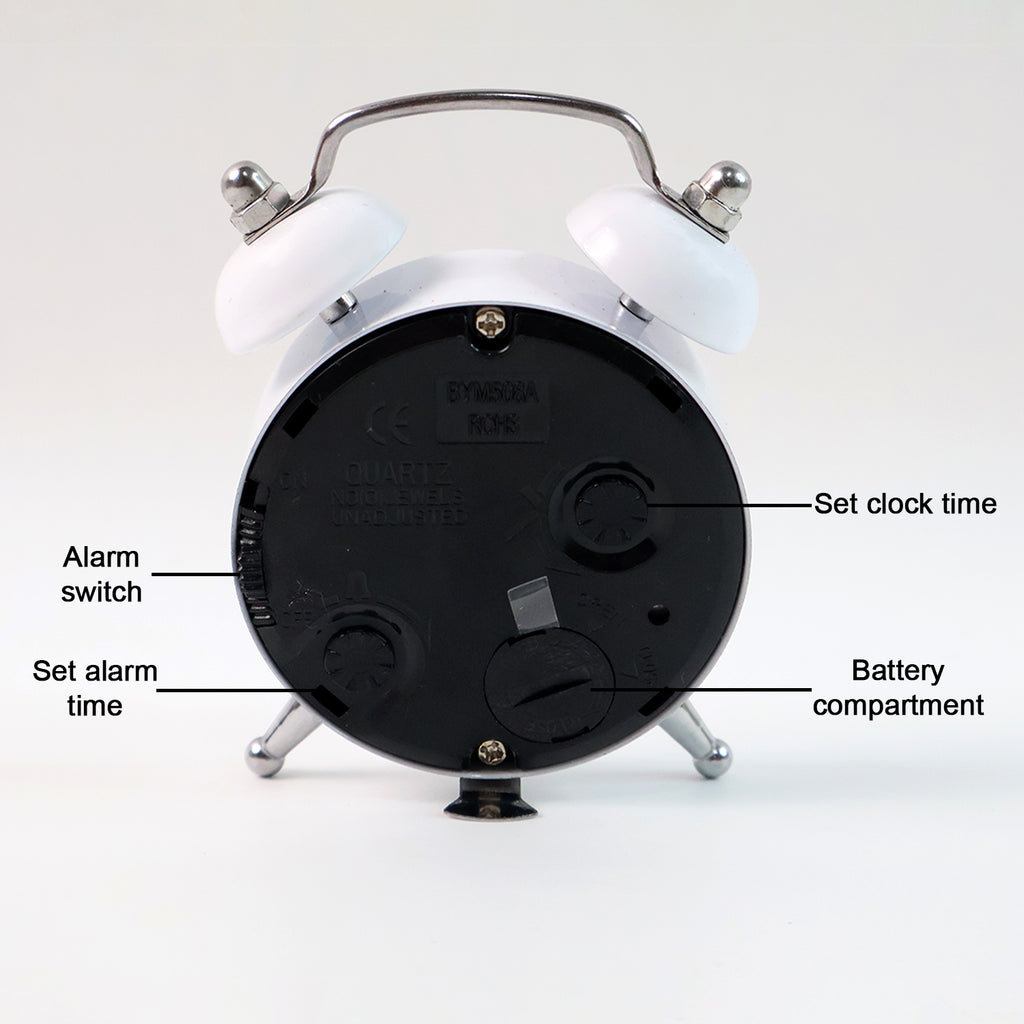 Close-up of twin-bell alarm clock dial with bold numbers