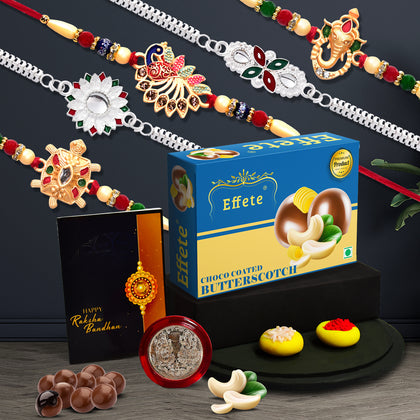 Thoughtful Rakhi Gift Box for Brother featuring a fancy Rakhi and assorted chocolates.