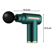 Teal massage gun with a round head, showing dimensions of 14.5 cm length and 13.5 cm height.