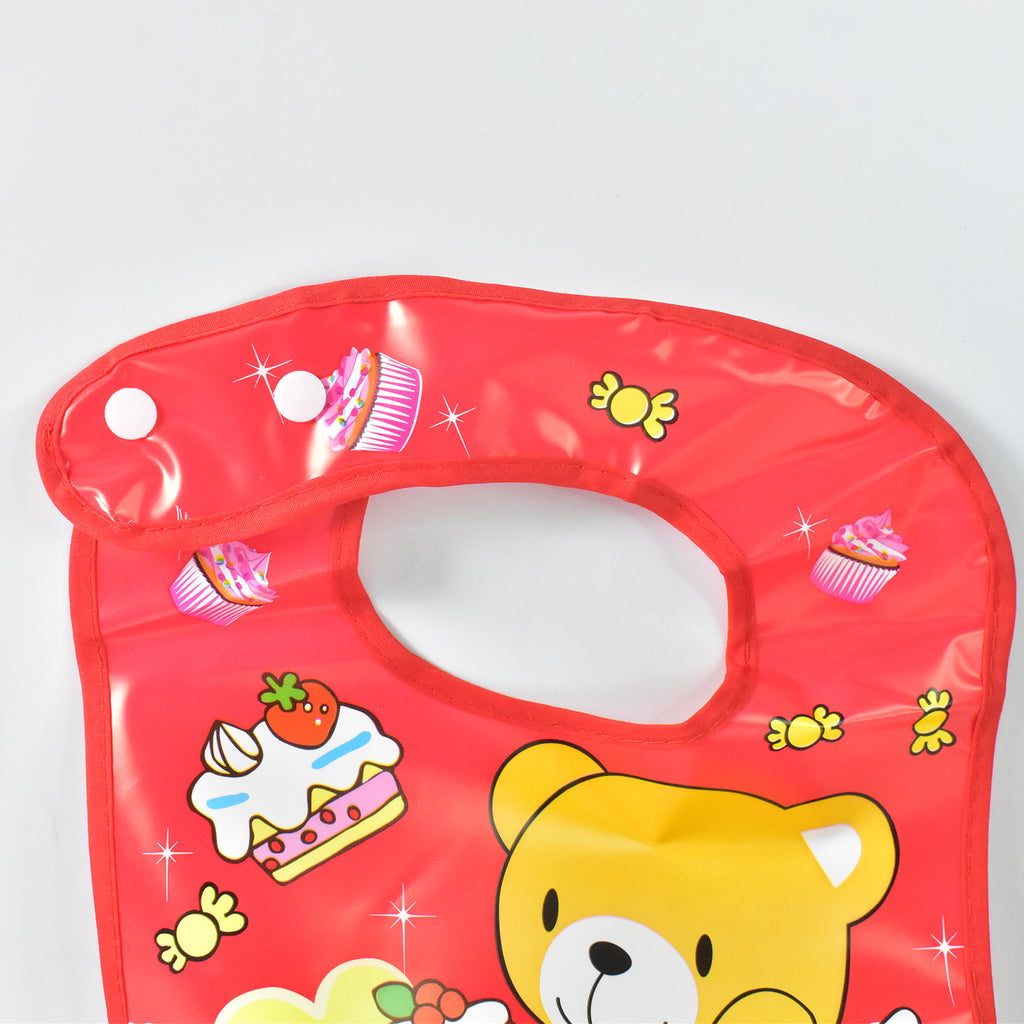 Baby wearing colorful waterproof soft fabric bib with velcro closure