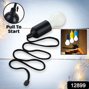 A black pull-cord light bulb with a white globe, shown with an inset of the pull mechanism and three bulbs in – view 2