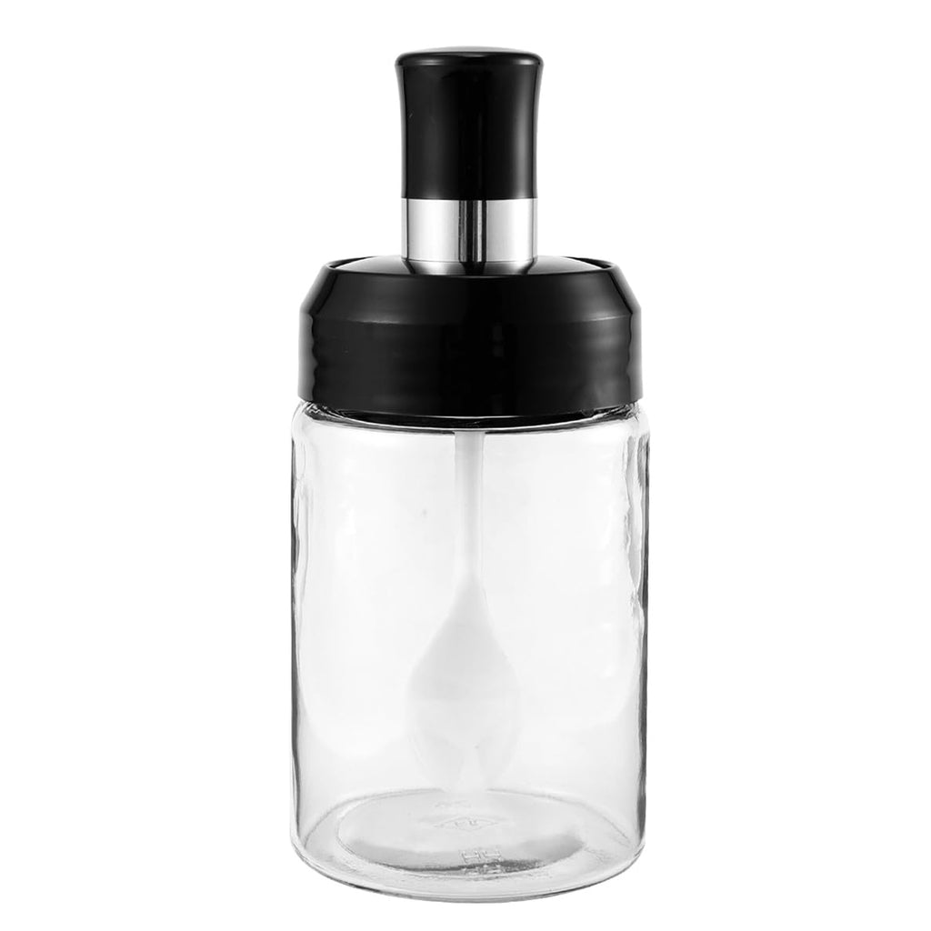 Side view of 250ml glass jar with built-in spoon and rotating lid