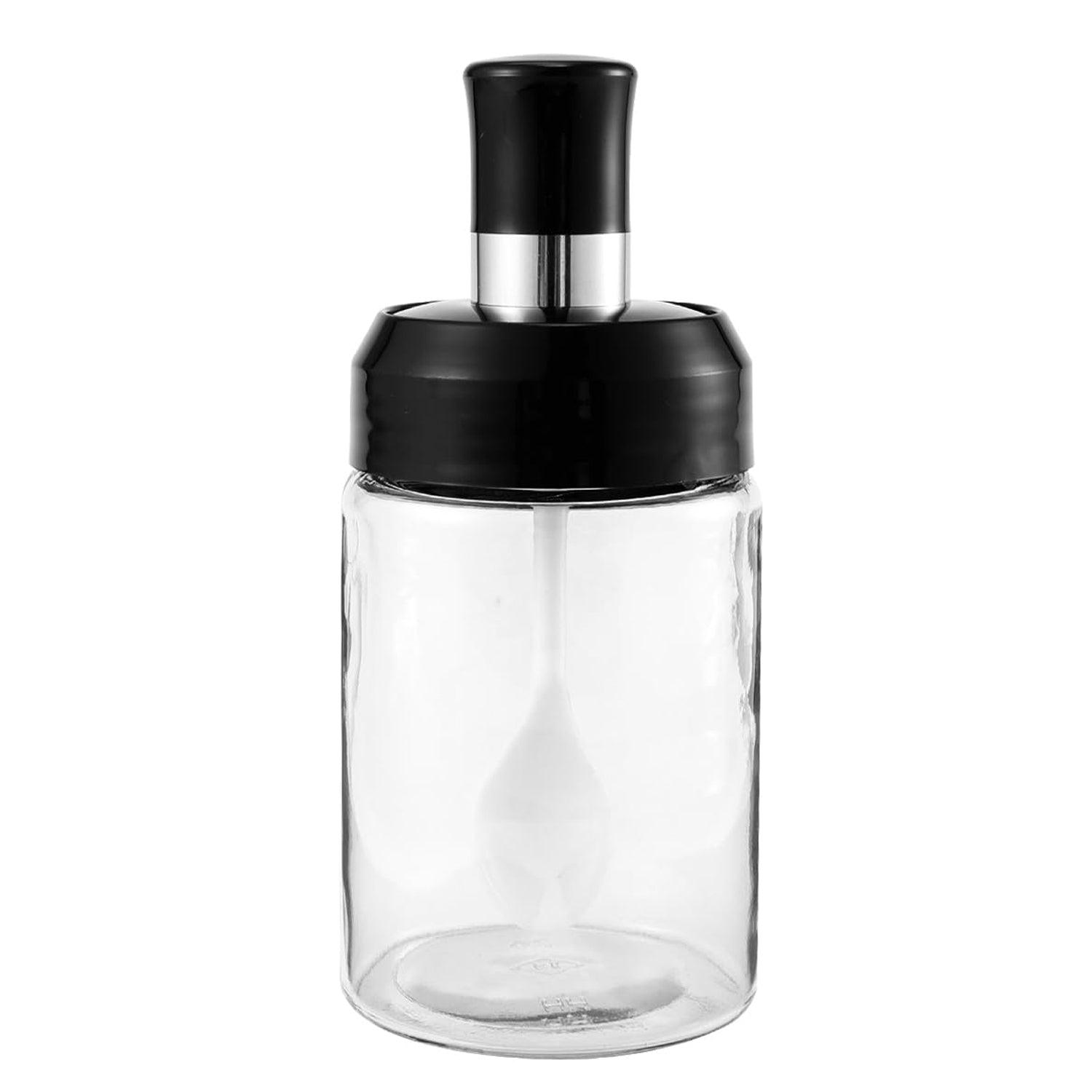 Side view of 250ml glass jar with built-in spoon and rotating lid