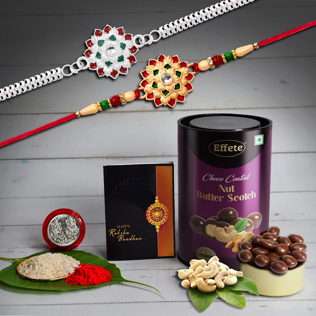 Rakhi Gift Pack with fancy Rakhi, butterscotch nuts, and pooja essentials.