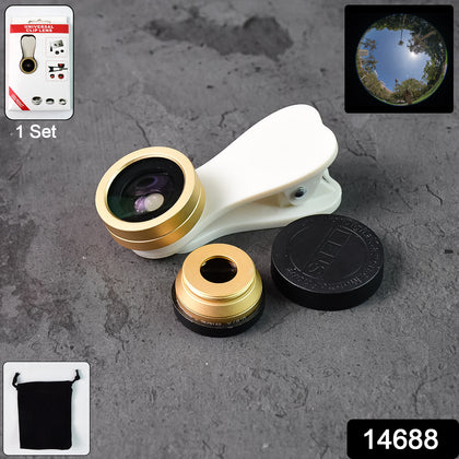 Universal clip-on mobile camera lens kit with wide-angle, macro, & fisheye lenses