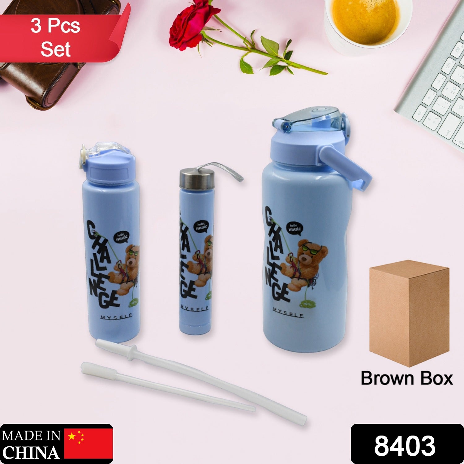 Set of three BPA-free plastic water bottles with cartoon prints in varying sizes.