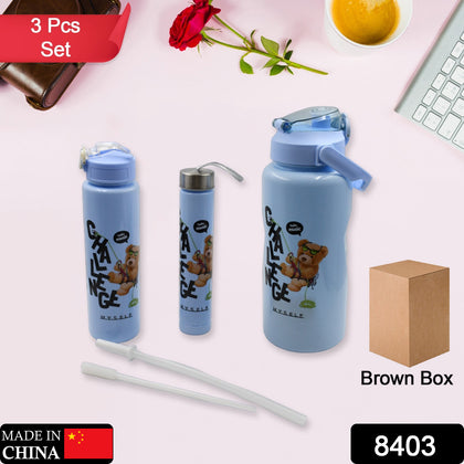Set of three BPA-free plastic water bottles with cartoon prints in varying sizes.