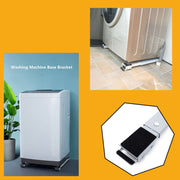 A white top-loading washing machine sits on two silver roller bases, with an inset showing a single roller base with a black