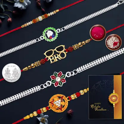 Complete Rakhi Set for Brother, featuring five rakhis, shagun coin, roli chawal, chocolate, and card.