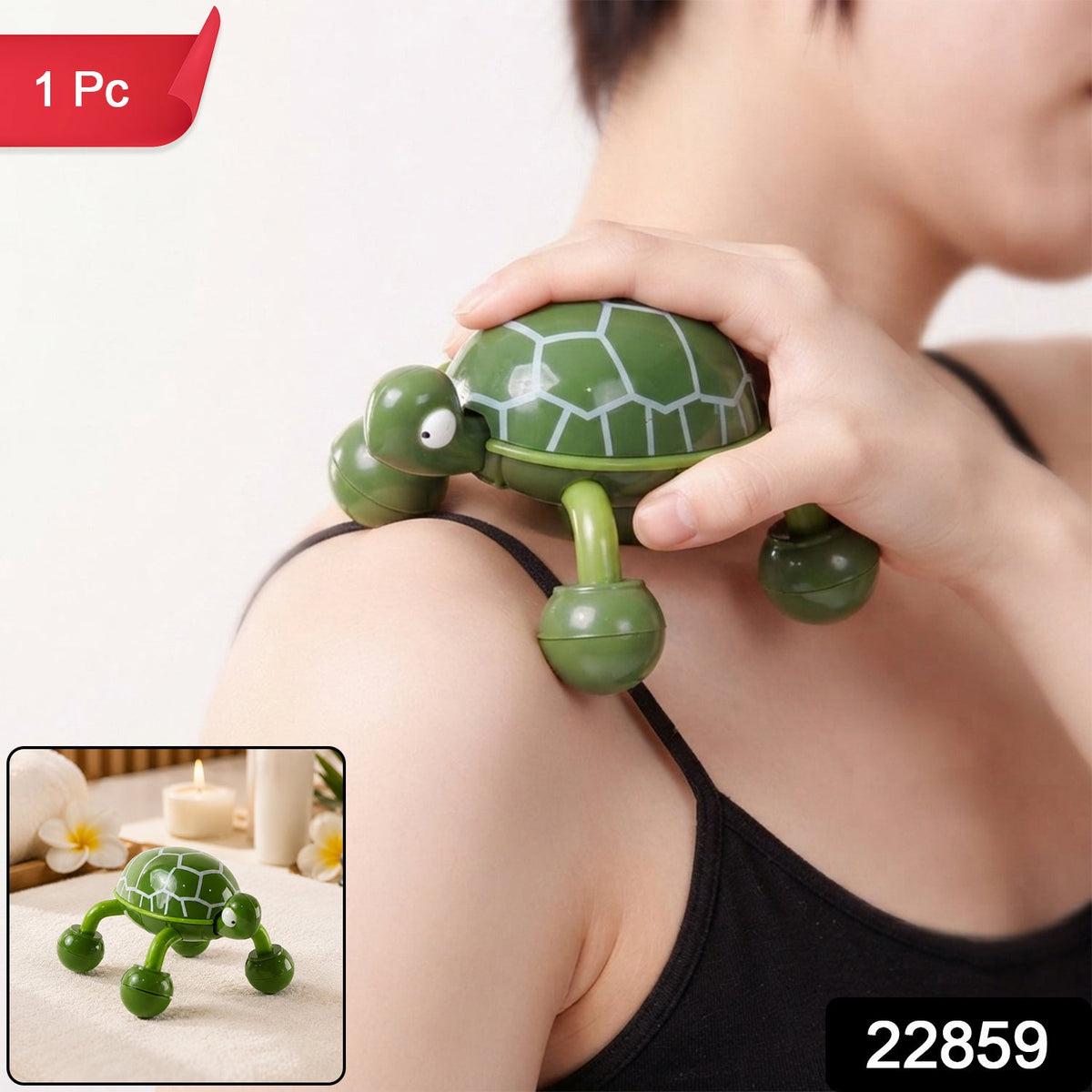 A person uses a green turtle-shaped massage tool on their shoulder, with an inset showing the tool on a white towel.