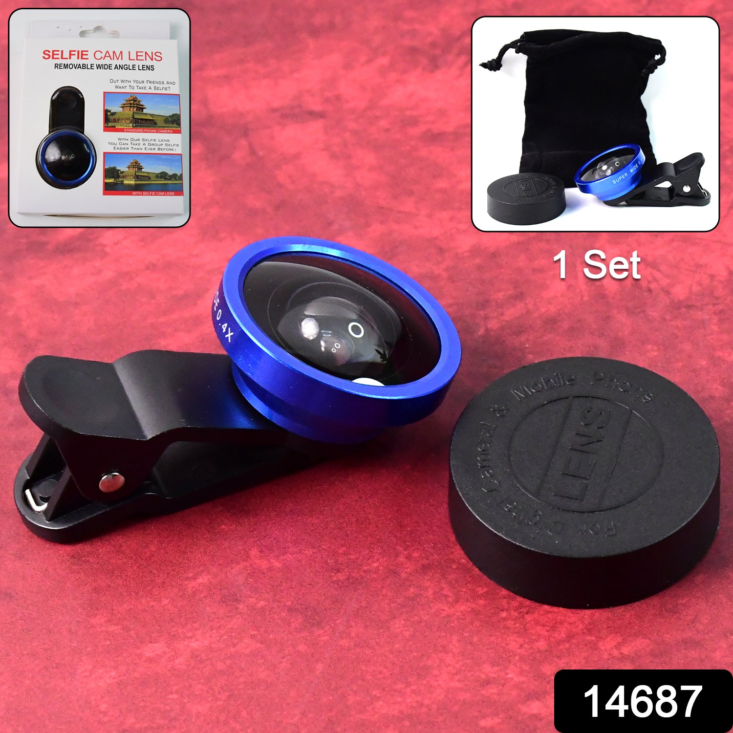 Universal clip-on wide-angle selfie lens attached to a smartphone, showing a broader view