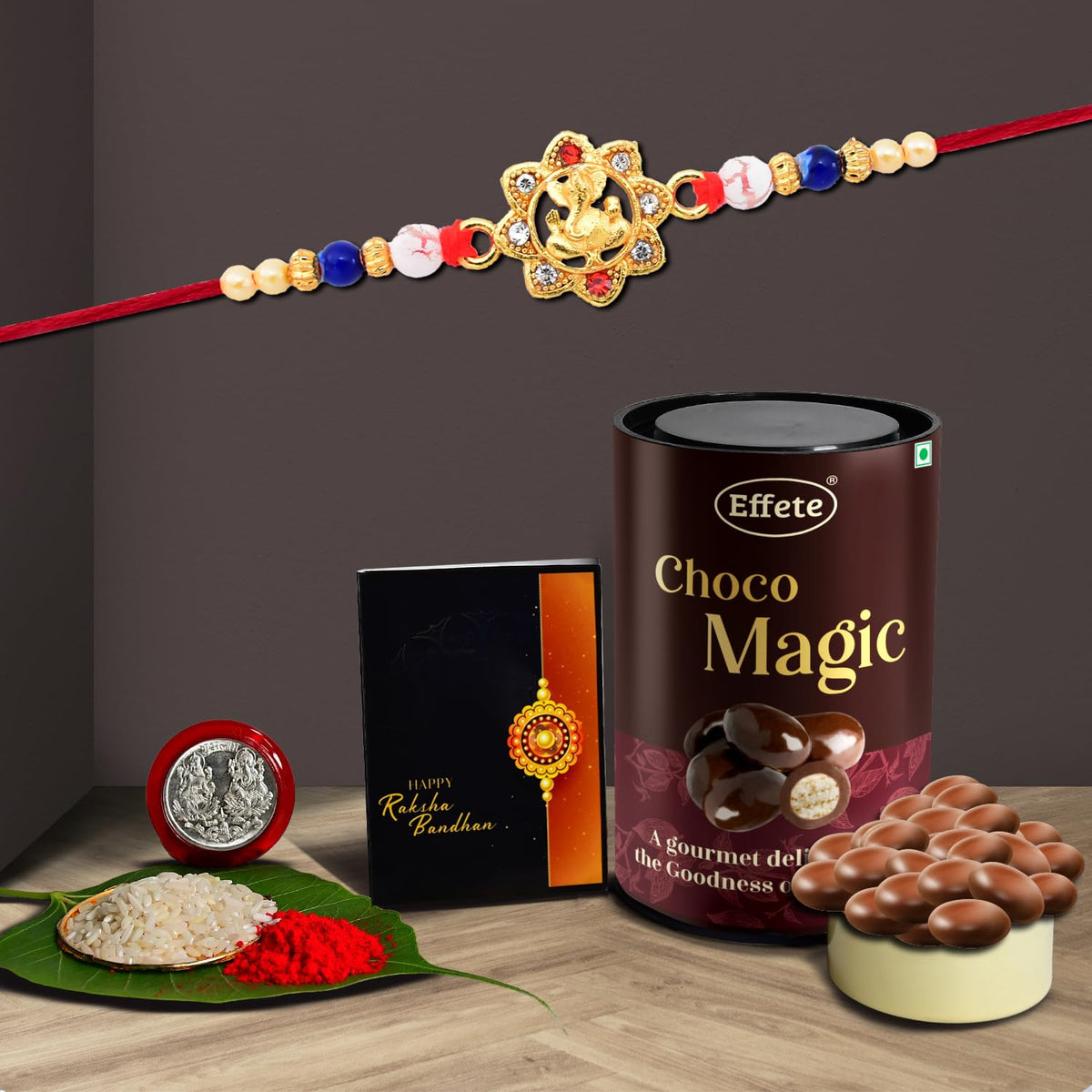 Rakhi Combo Gift Set with Chocolate, Roli, Coin and Greeting Card
