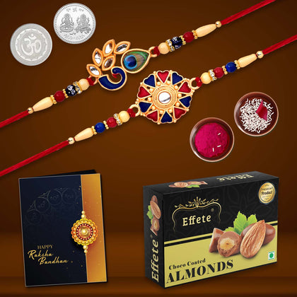 Rakhi Gift Set featuring a decorative Rakhi, roli-chawal, coin, greeting card, and chocolate for brothers.