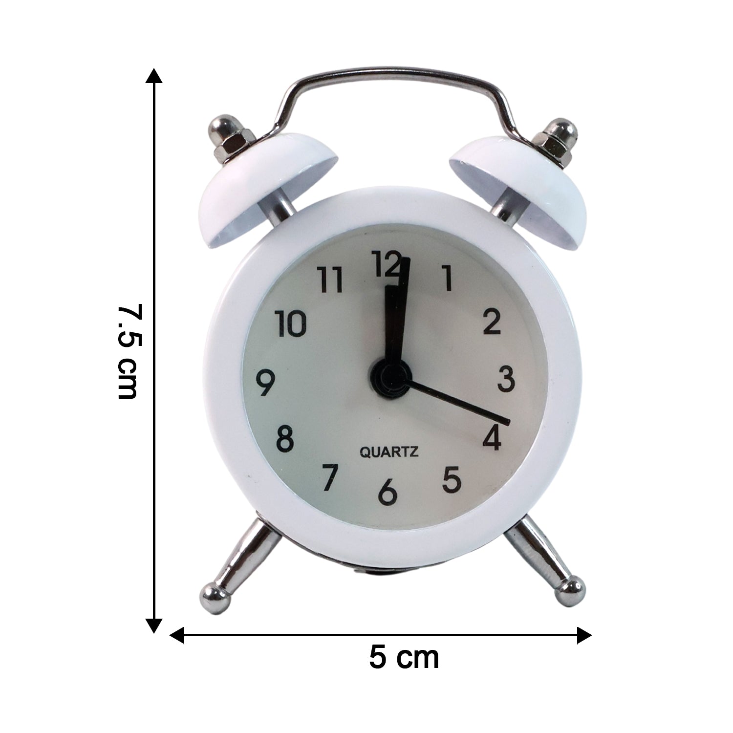 Back view of twin-bell alarm clock with time & alarm set knobs