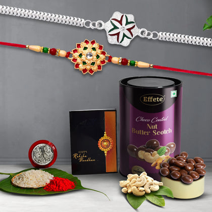 An elegant Designer Rakhi Duo gift set with butterscotch chocolate and dry fruits for Raksha Bandhan.