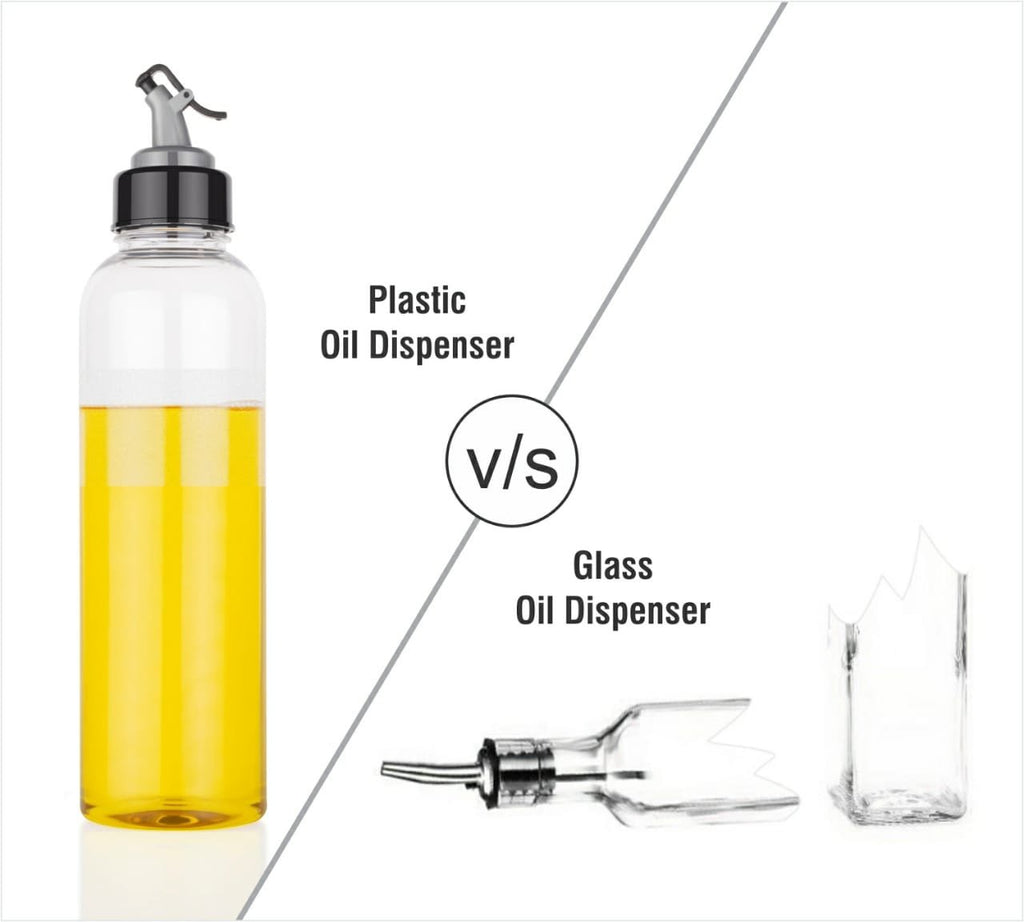 Close-up of the leak-proof pourer on a plastic oil bottle