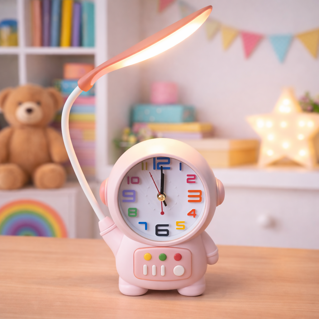 Side view of Astronaut Table Lamp with clock on desk