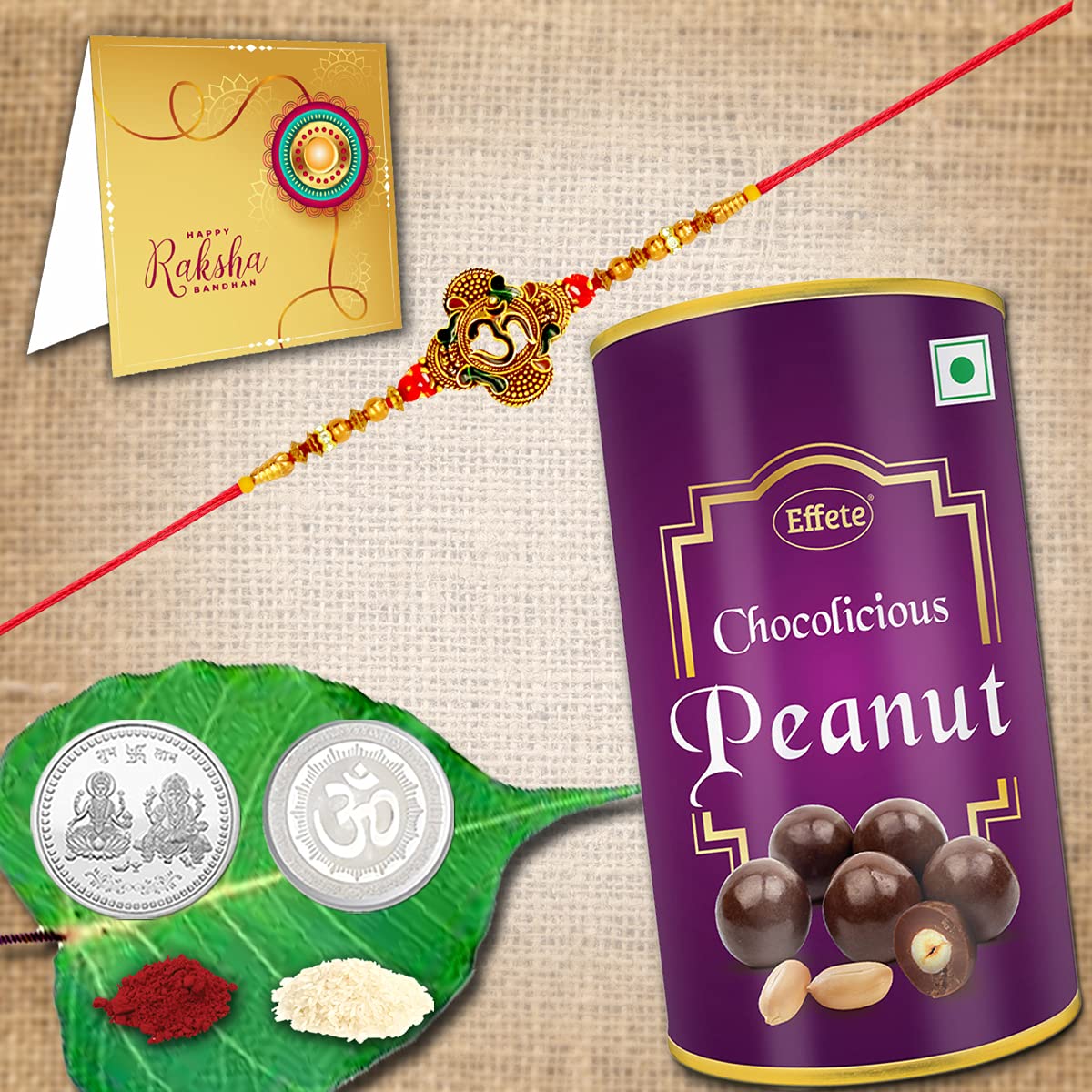 Multicolor silver plated Rakhi combo with chocolate, roli, chawal, and coin in gift set