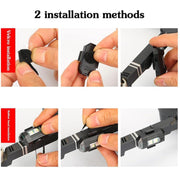 Clear plastic packaging containing the black strobe light, white USB cable, and instructions on a patterned surface.