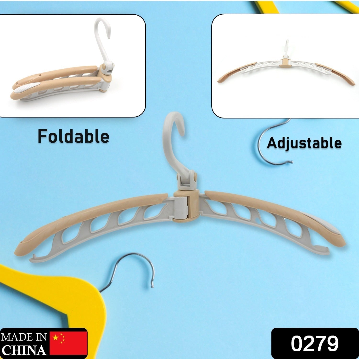 Portable folding clothes hanger in use, showing 360-degree rotation