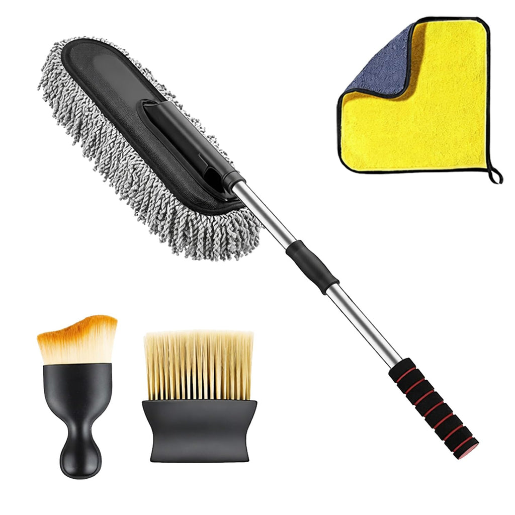 Complete car cleaning kit featuring a retractable duster, interior brush, and microfiber cloth.