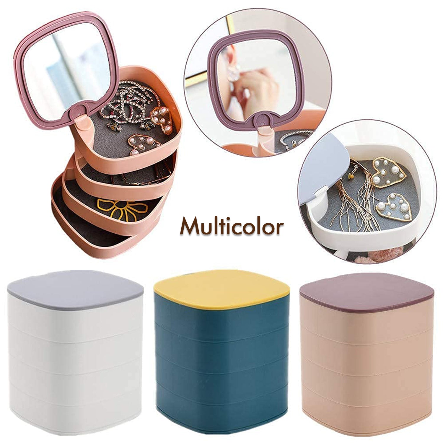 Open view of 4023 4-Layer Rotating Jewelry Box with jewelry inside