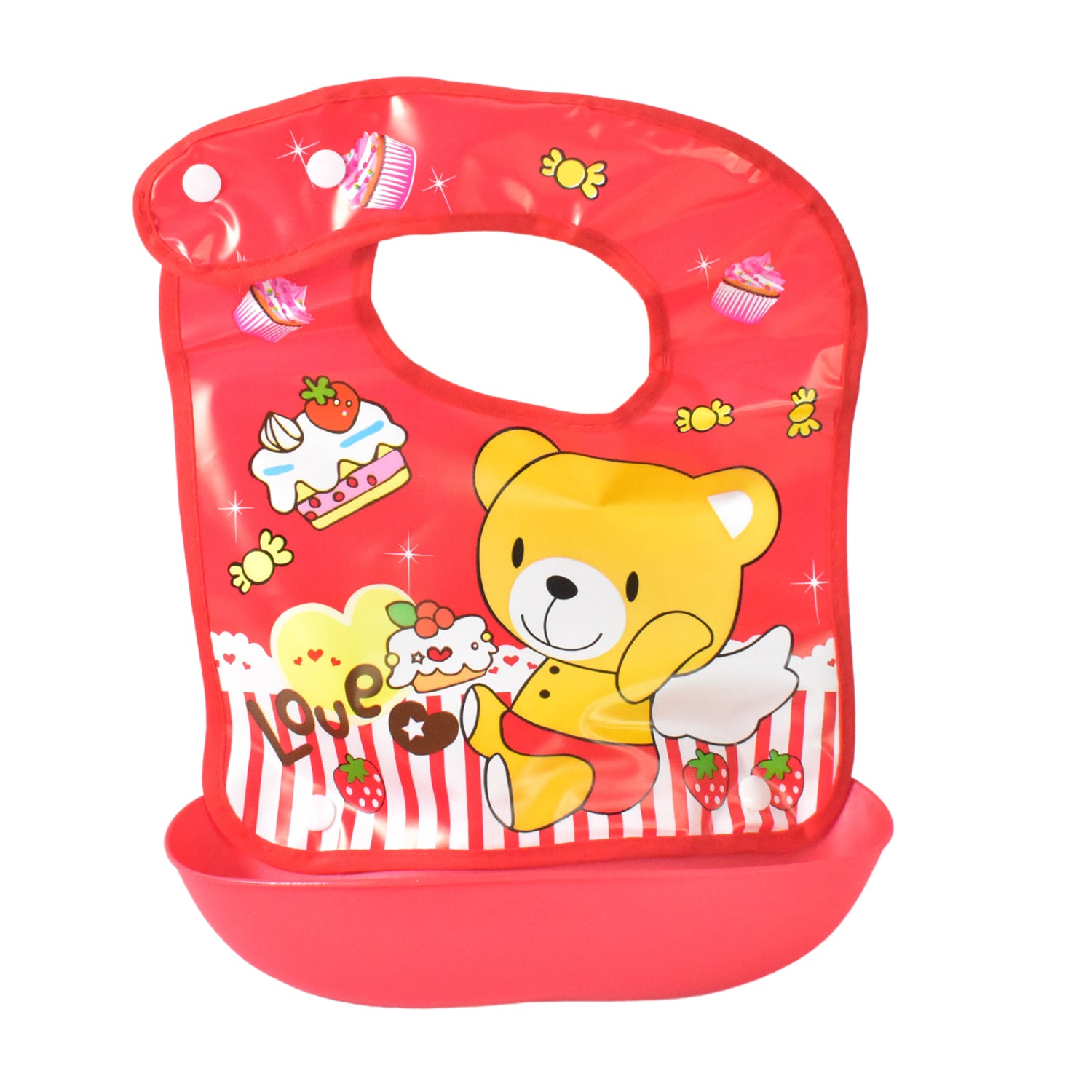 Reusable baby bib displayed flat showing size and shape