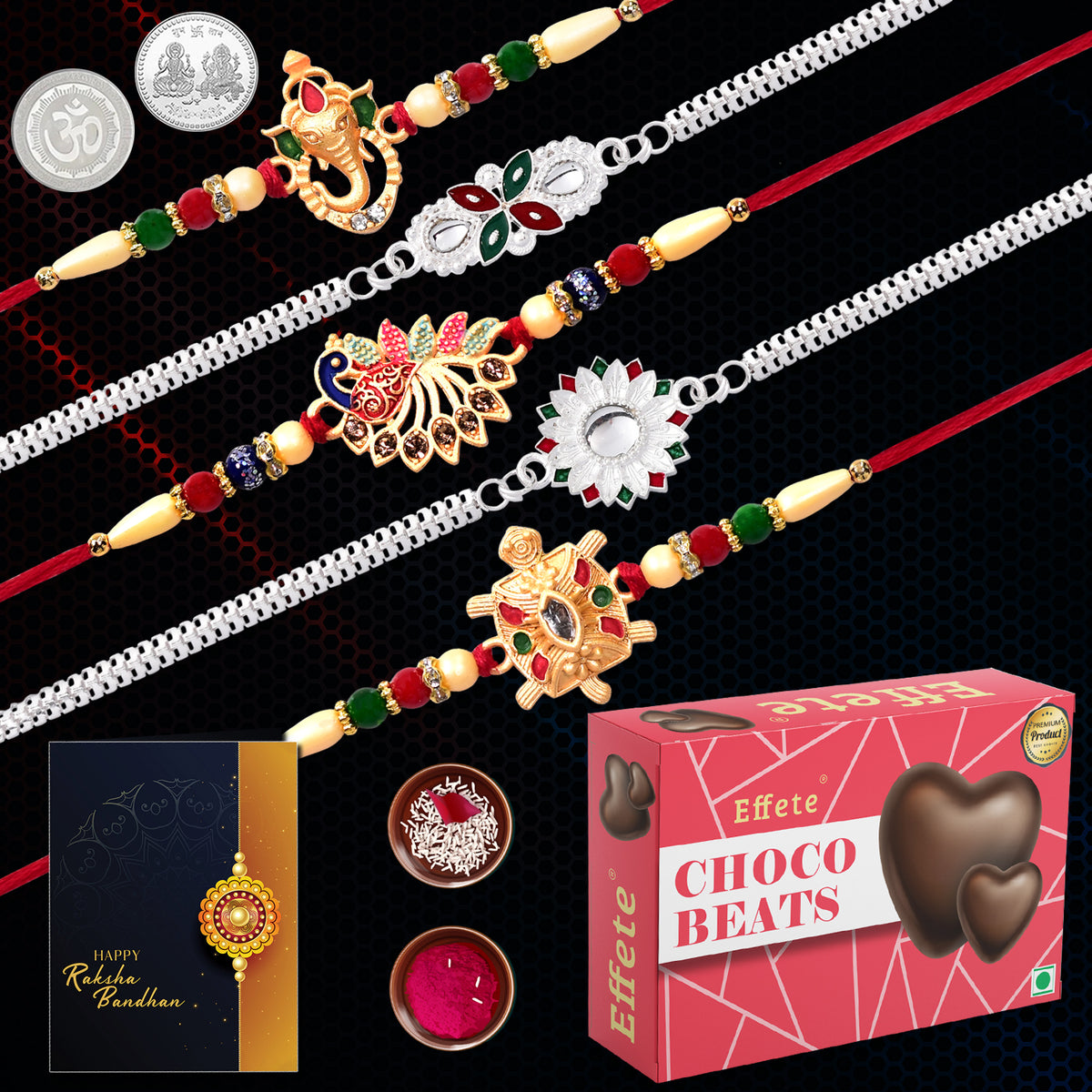 Rakhi combo gift set with rakhi, roli chawal, coin, greeting card, & chocolate