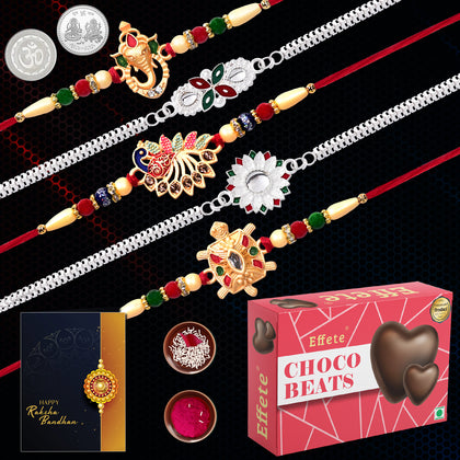 Rakhi combo gift set with rakhi, roli chawal, coin, greeting card, & chocolate