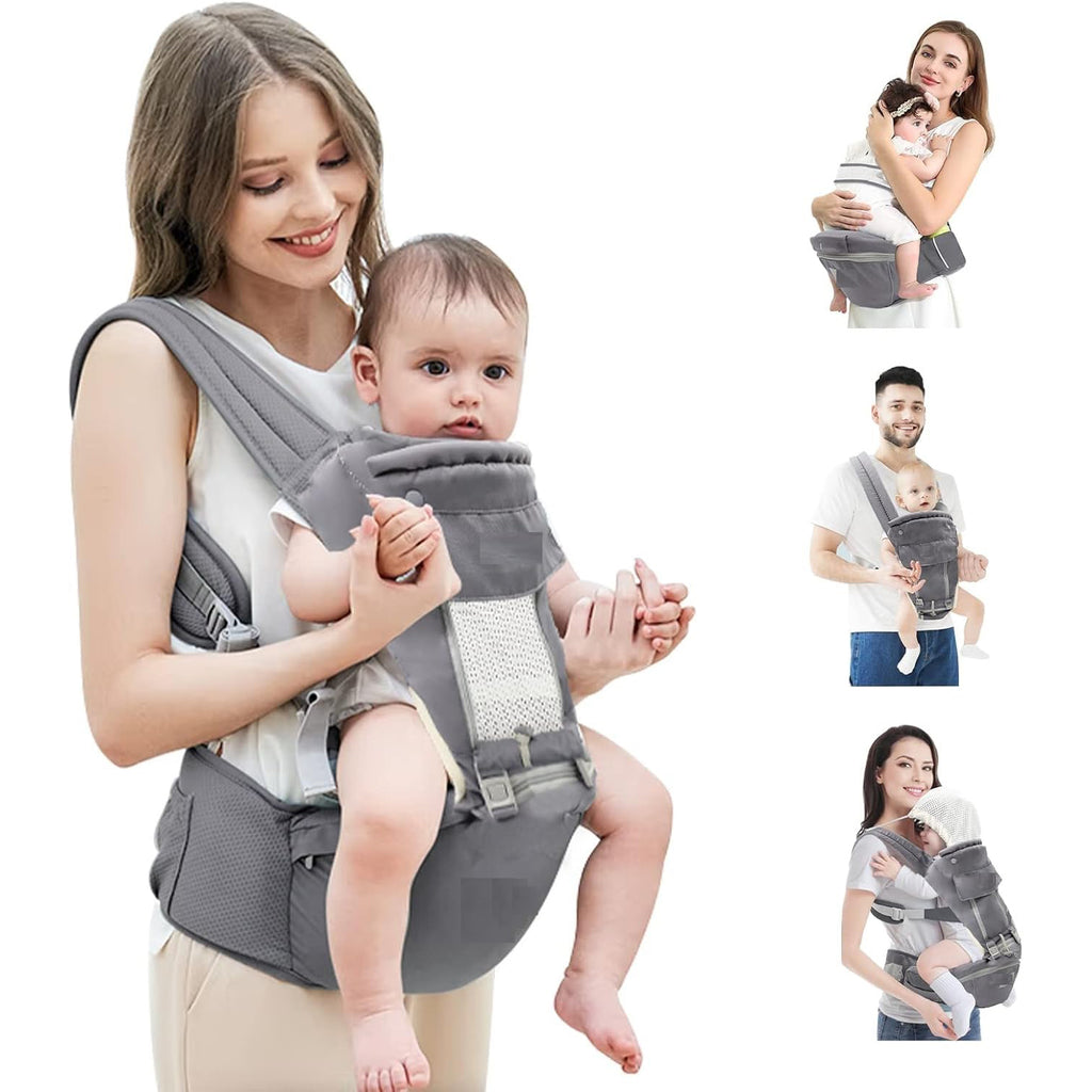 Infographic showing 6 ways to carry a baby with the carrier