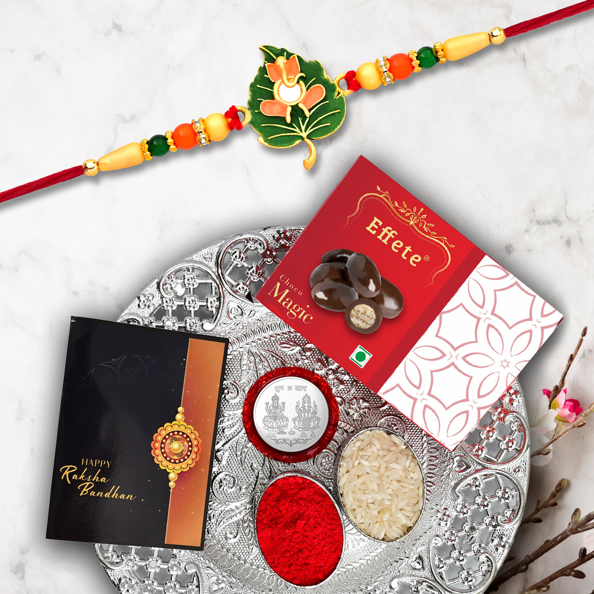 Rakhi Combo Gift Set with Rakhi, roli chawal, coin, card & chocolate
