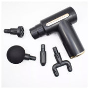 Black massage gun with four distinct attachment heads displayed on a white surface.