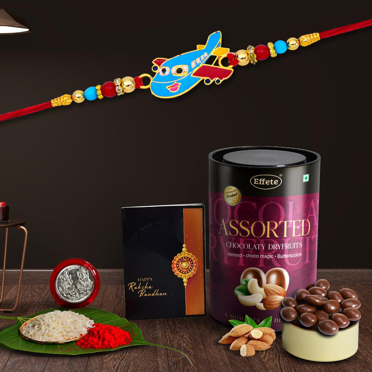 Plane Rakhi gift set with chocolate and dry fruits
