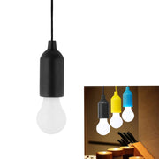 A black pull-cord light bulb with a white globe hangs vertically, with an inset showing three bulbs in black, yellow, and