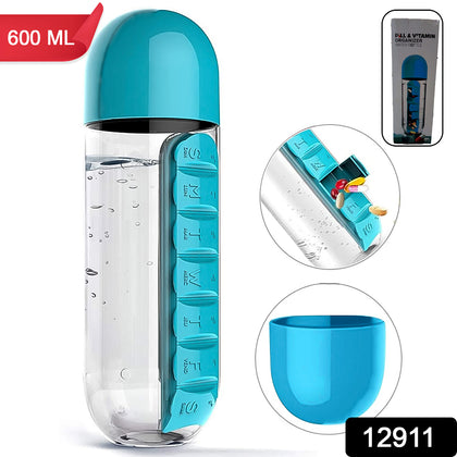 Front view of the 600ml Pill Organizer Water Bottle with its integrated 7-day dispenser.