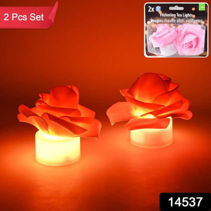Close-up of a rose-shaped LED tealight candle with flickering light